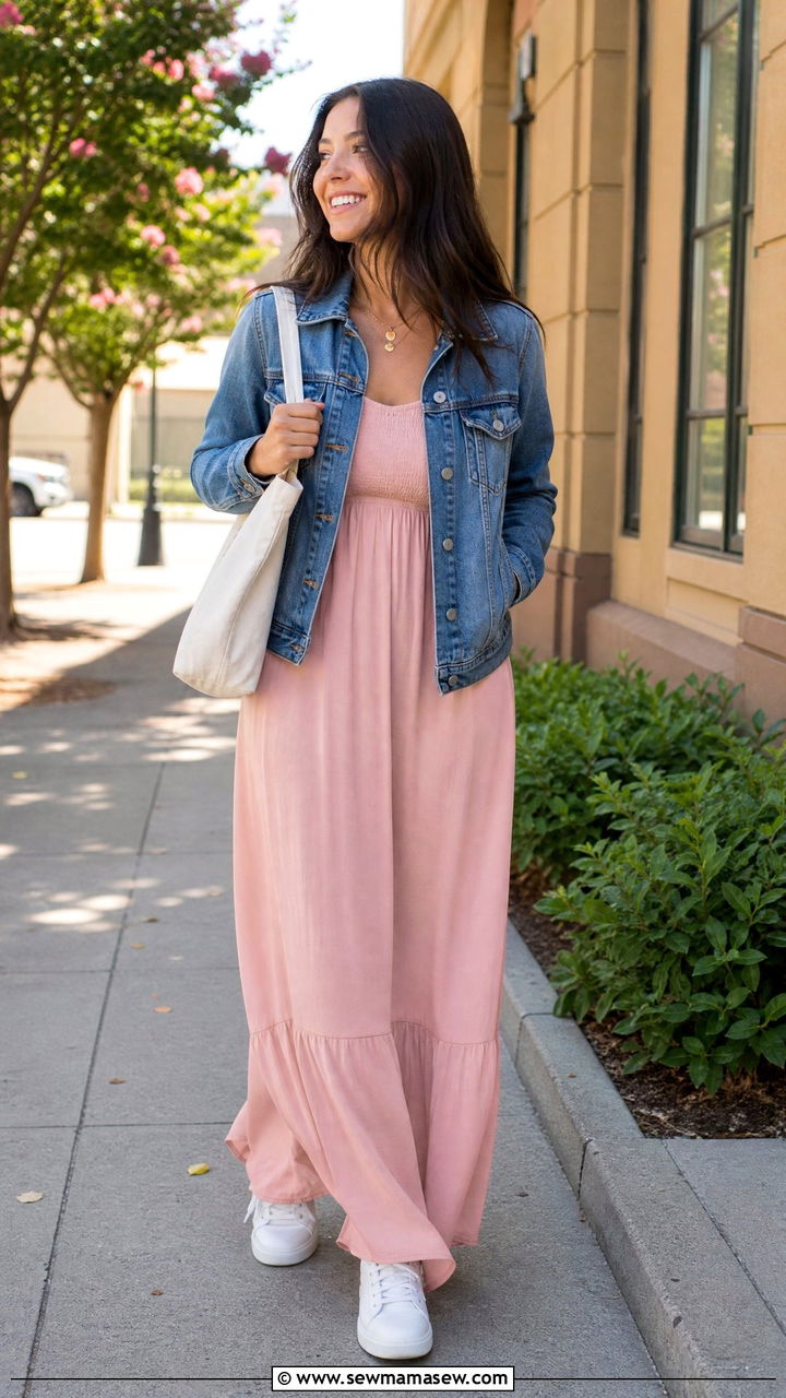 Maxi Dress and Denim Jacket Anniversary - 20 First anniversary photo outfit ideas