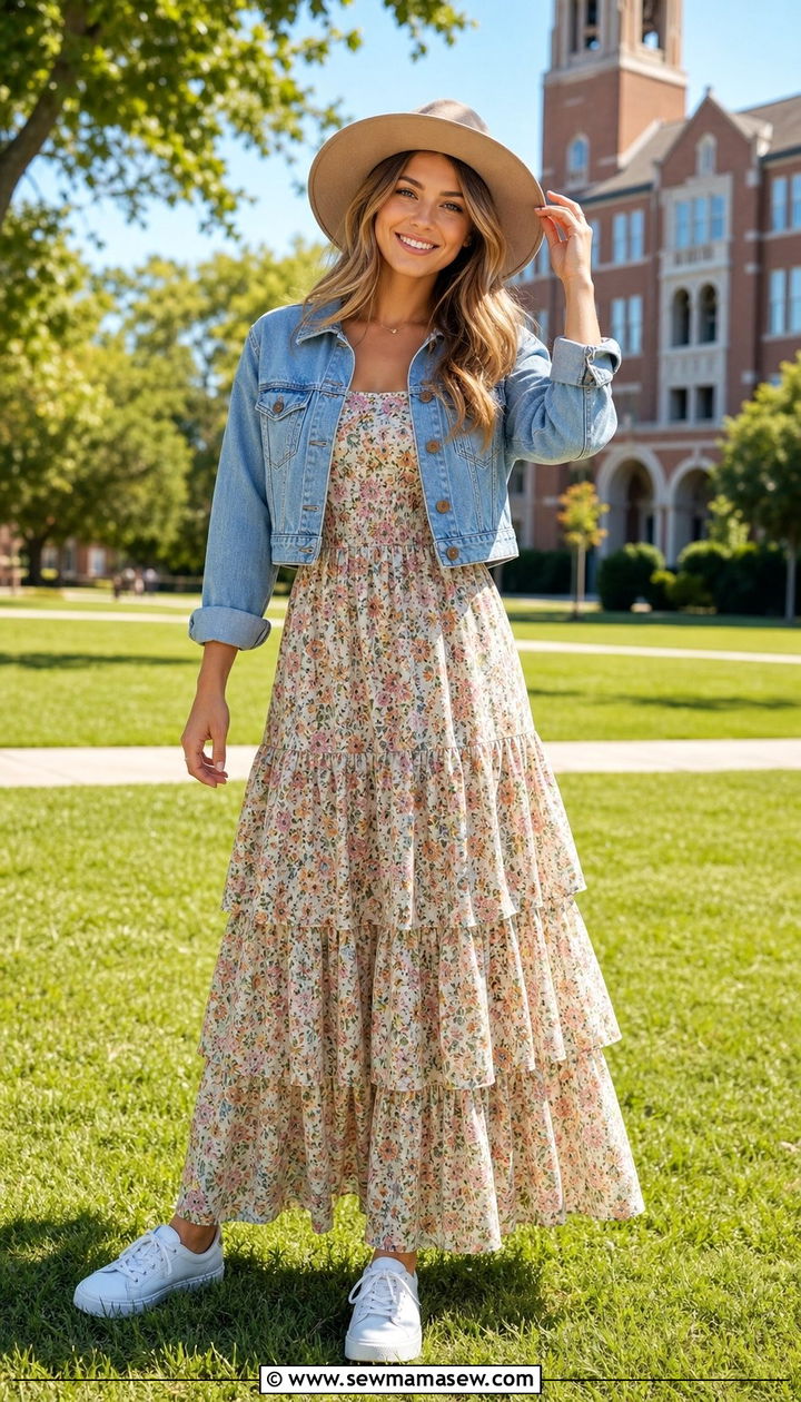 Maxi Dress and Denim Jacket Outfit - 35 Back to school outfit ideas college freshman