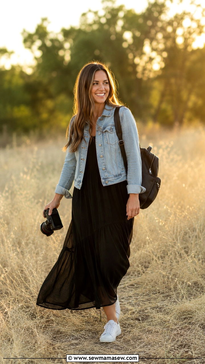 Maxi Dress and Denim Jacket Photographer Outfit - 25 Photographer outfit ideas