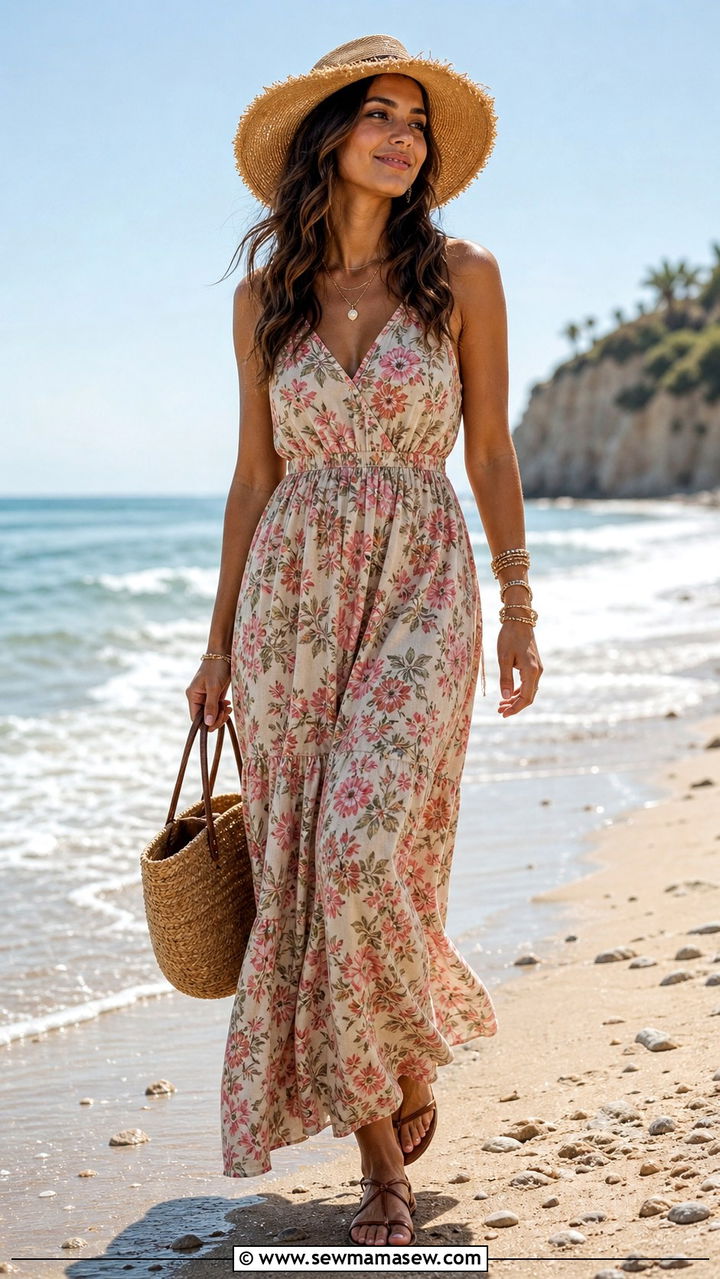 Maxi Dress and Flat Sandals with a Straw Hat - 40 weekend outfit ideas for women