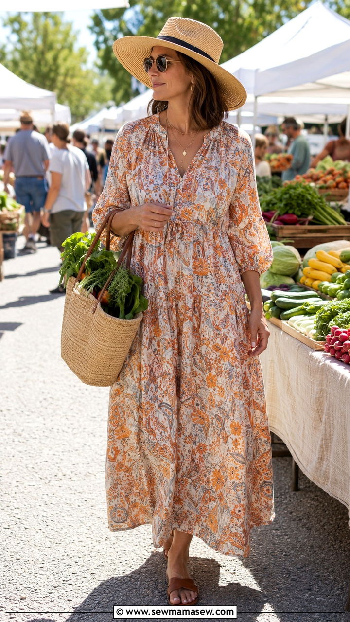 Maxi Dress and Straw Hat With Flat Leather Sandals - 25 Outfit ideas for women over 40 grocery store