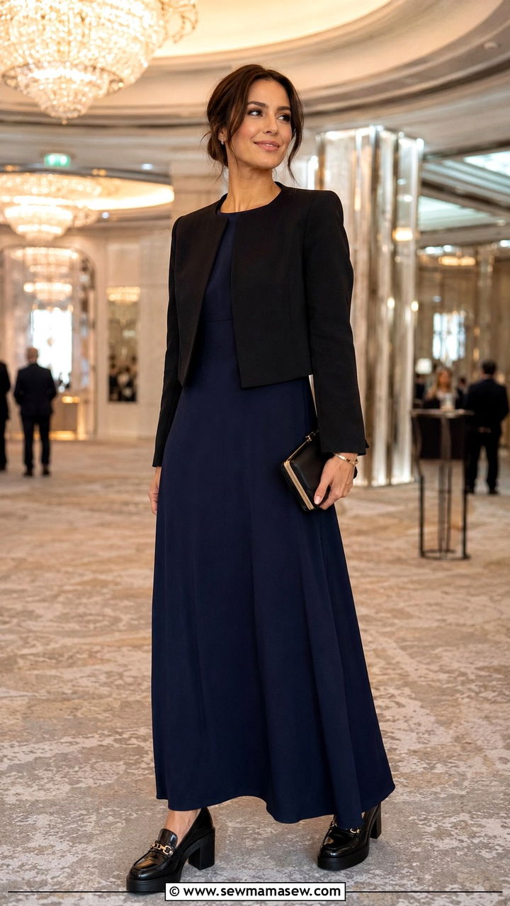 Maxi Dress and Structured Jacket for Summit - 20 Summit outfit ideas for women