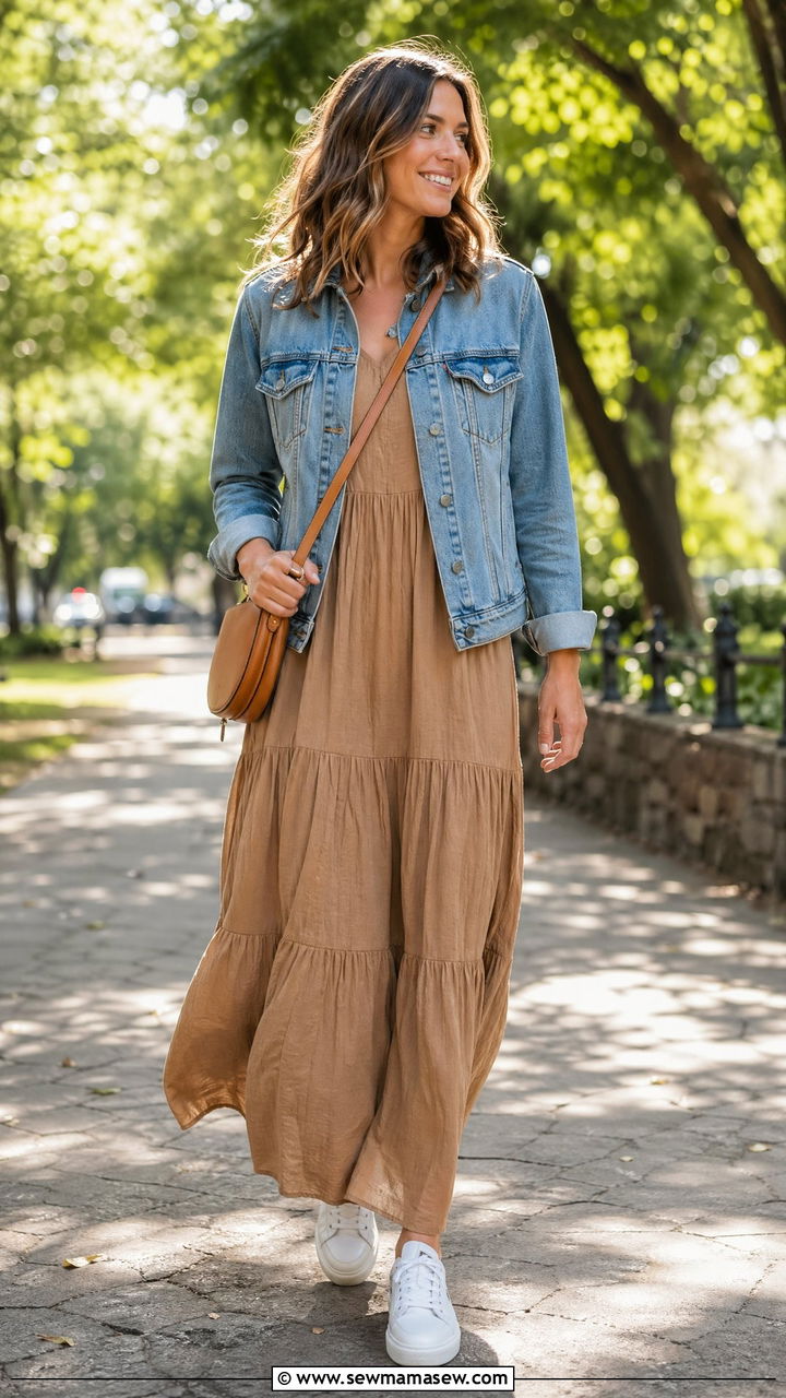 Maxi Dress and White Sneakers with Denim Jacket - 35 errand outfit ideas for women