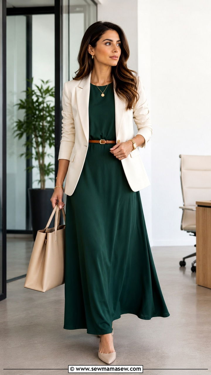 Maxi Dress with Blazer and a Belt - 30 Spring outfits with maxi dresses