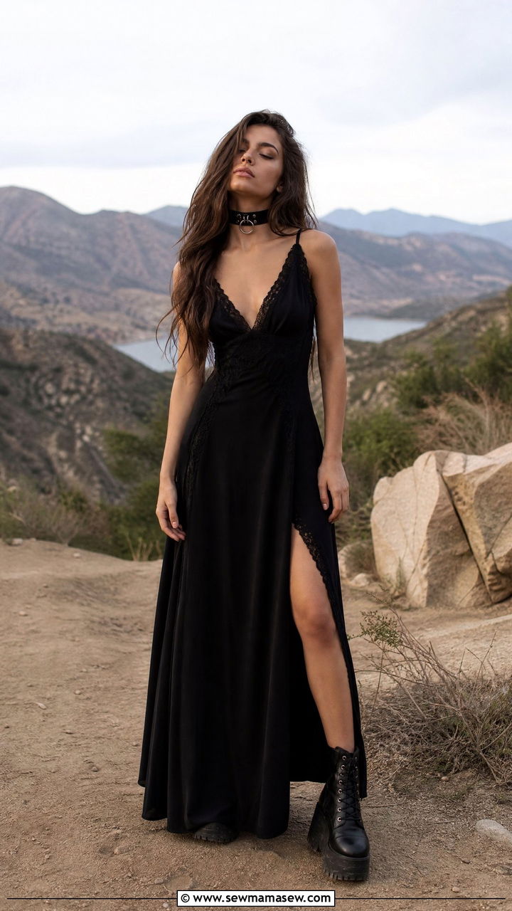 Maxi Dress with Chunky Boots and Leather Choker - 35 grunge outfit ideas for women