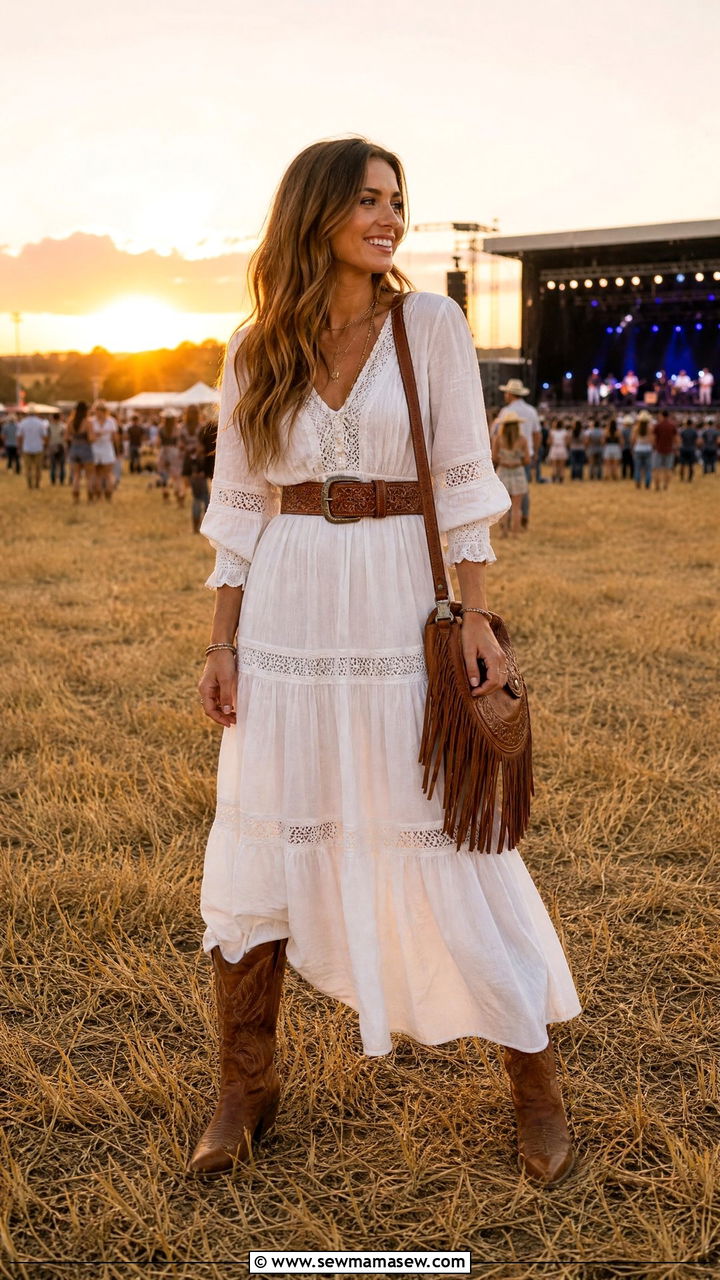 Maxi Dress with Cowboy Boots Outfit - 35 how to style maxi dress outfits