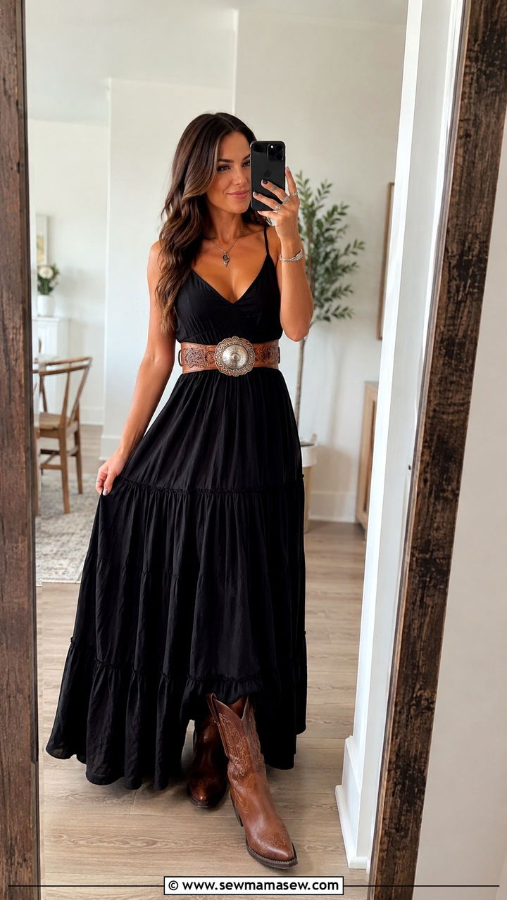 Maxi Dress with Cowboy Boots and Western Belt - 30 Maxi dress with cowboy boots outfit ideas