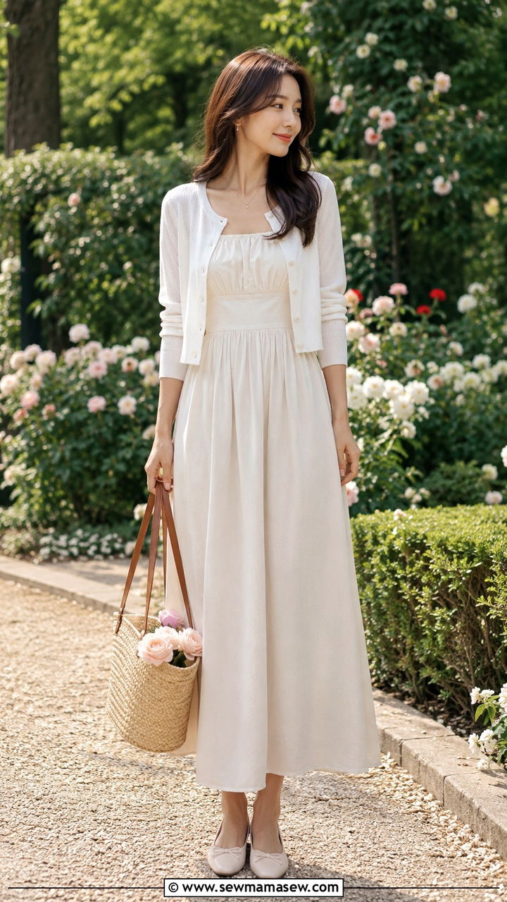 Maxi Dress with Cropped Cardigan and Flats - 20 Summer outfits for 50 degree weather