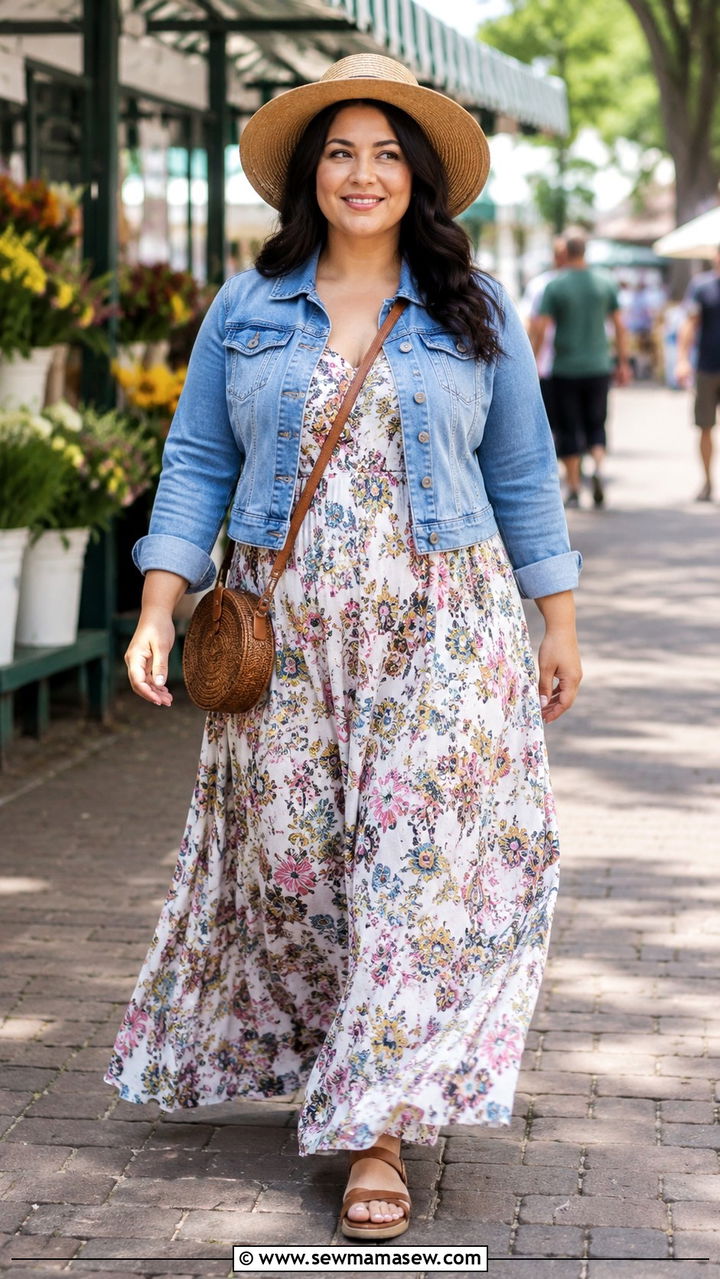 Maxi Dress with Cropped Denim Jacket - 25 Plus size outfit ideas for 14-16