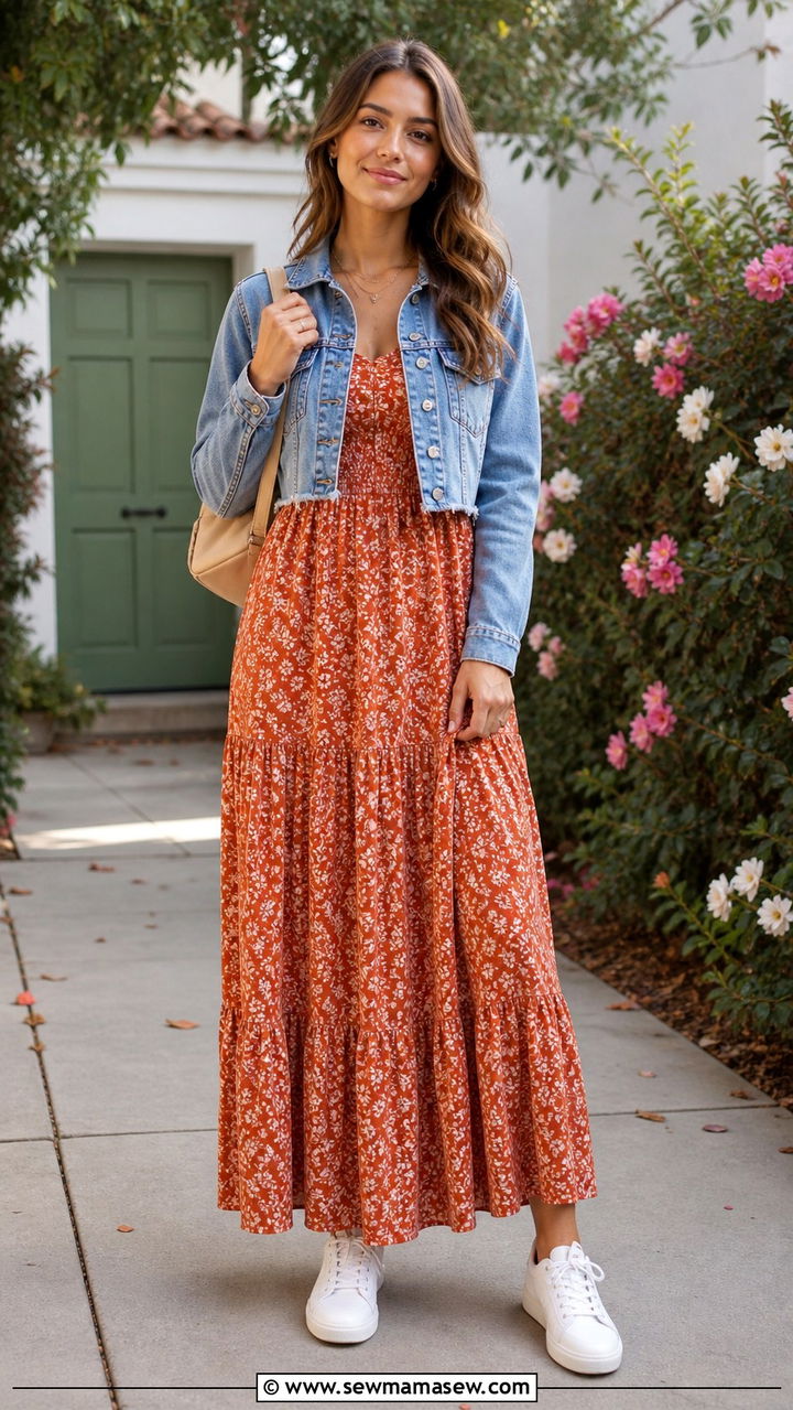 Maxi Dress with Cropped Denim Jacket and Sneakers - 40 back to school outfits ideas