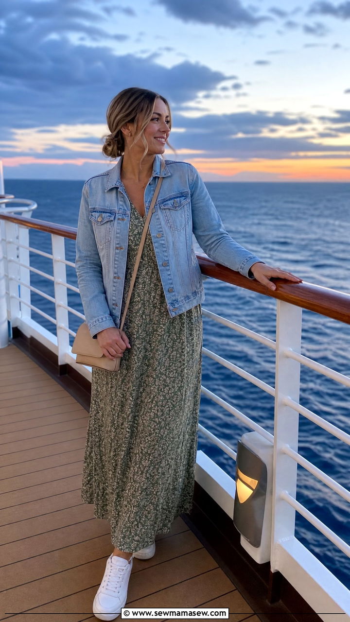 Maxi Dress with Denim Jacket - 30 modest cruise outfit ideas