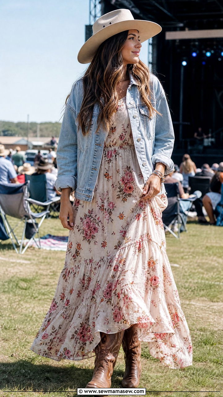 Maxi Dress with Denim Jacket - 30 modest country concert outfit ideas