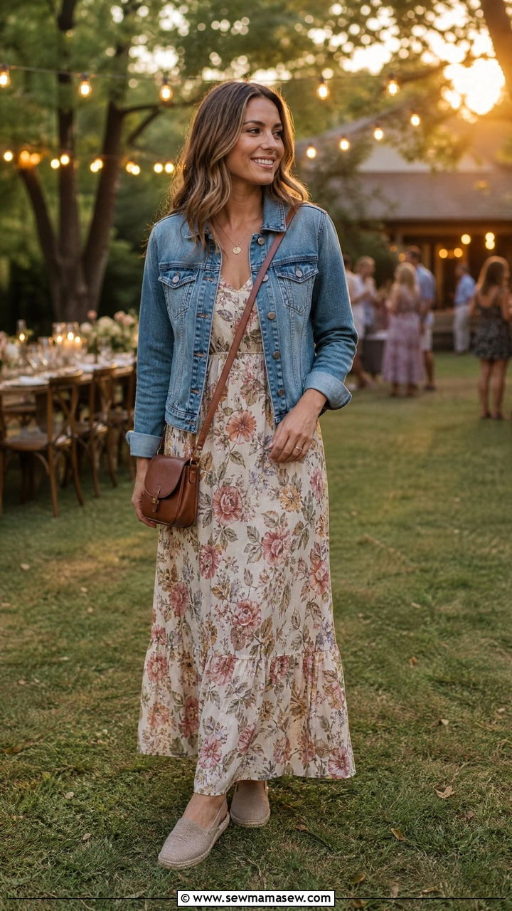 Maxi Dress with Denim Jacket - 30 Family reunion outfit ideas summer