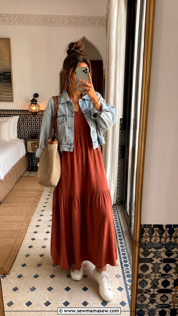 Maxi Dress with Denim Jacket - 20 Modest outfit ideas for Morocco
