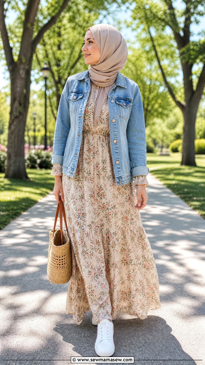 Maxi Dress with Denim Jacket Outfit - 30 modest classy outfits ideas