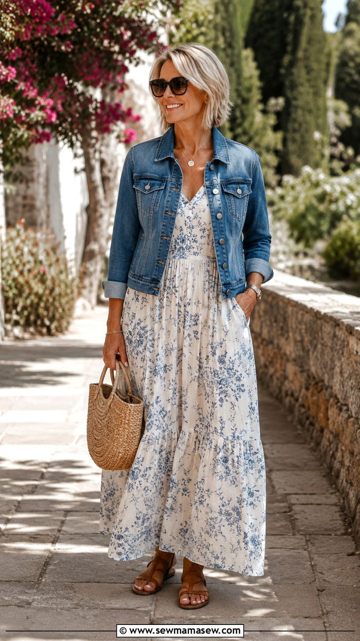 Maxi Dress with Denim Jacket Over 50 - 30 Chic outfit ideas for women over 50