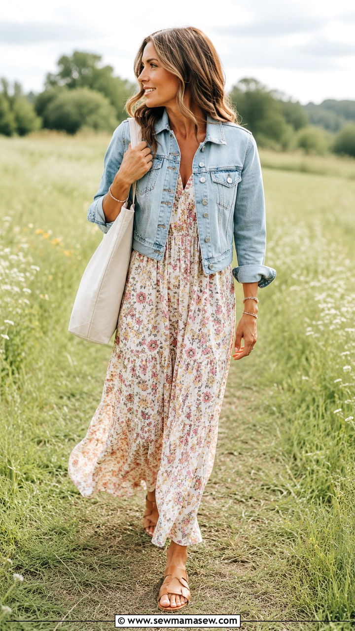 Maxi Dress with Denim Jacket and Flat Sandals - 30 classy outfits for moms