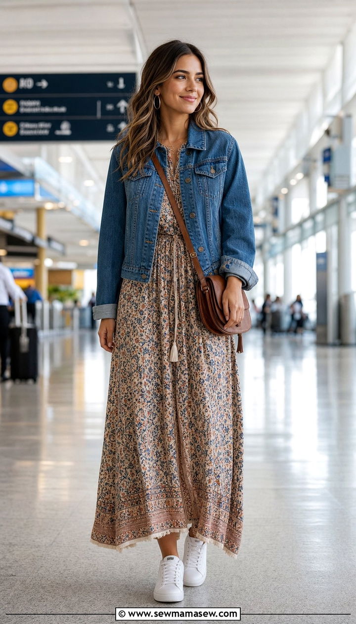 Maxi Dress with Denim Jacket and Sneakers - 25 classy outfits for modest women
