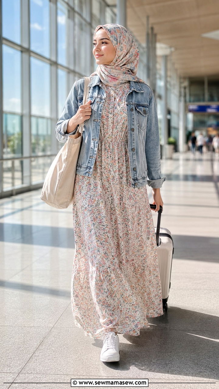 Maxi Dress with Denim Jacket and White Sneakers - 30 Modest outfit ideas for airport