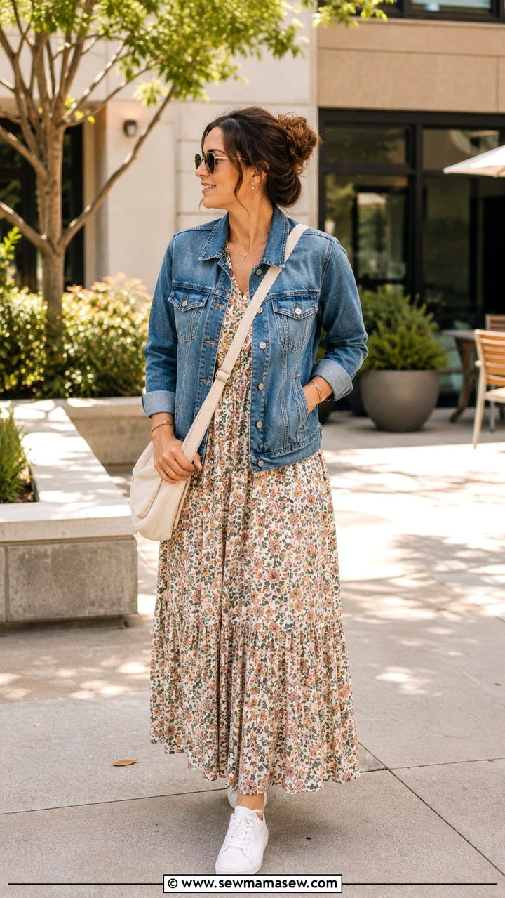 Maxi Dress with Denim Jacket and White Sneakers - 30 Modest outfit ideas for working mom