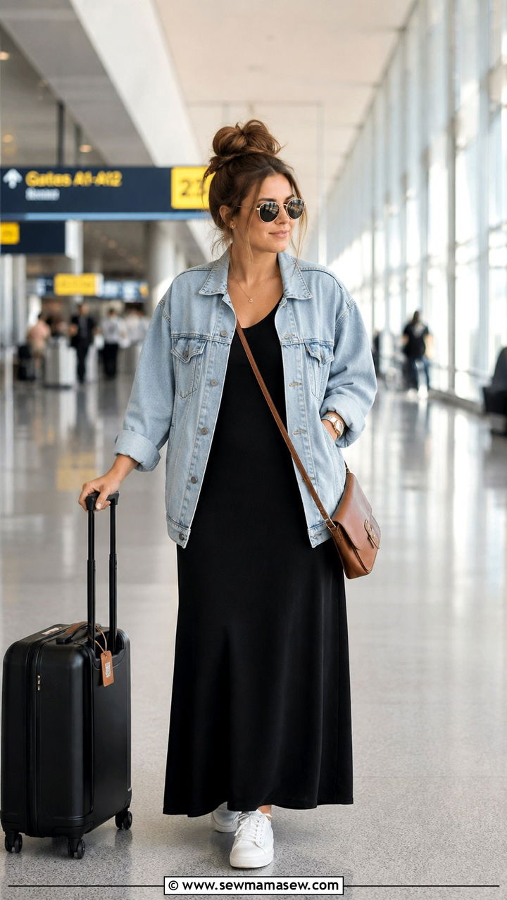 Maxi Dress with Denim Jacket and White Sneakers Airport Outfit - 40 Chic airport outfits