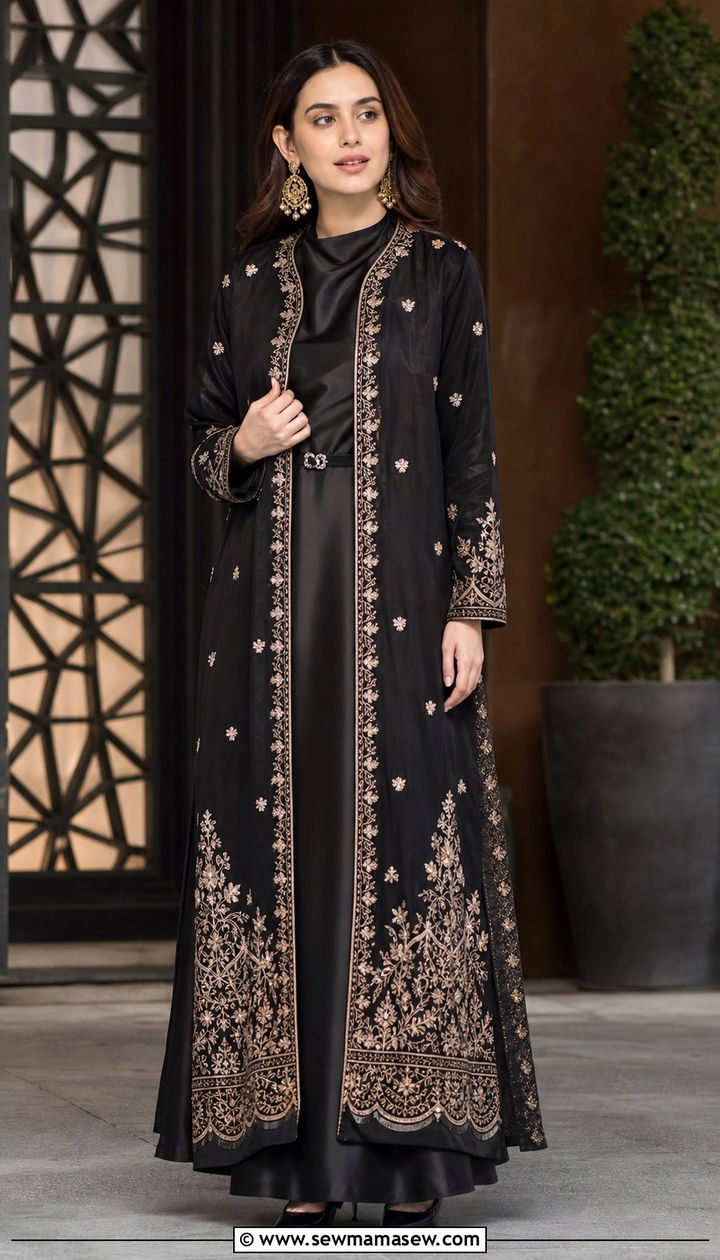 Maxi Dress with Full Sleeves and Jacket Shawl - 25 Eid outfit ideas Pakistani