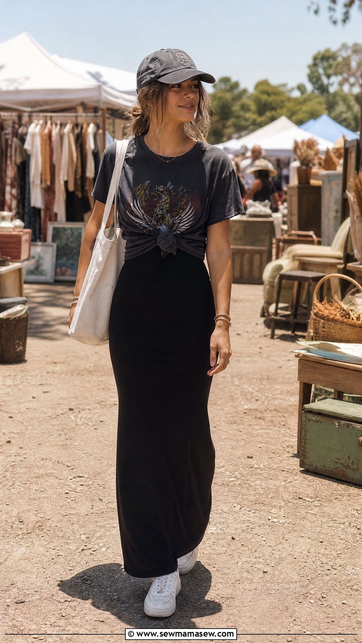 Maxi Dress with Graphic Tee Knotted Outfit - 35 how to style maxi dress outfits
