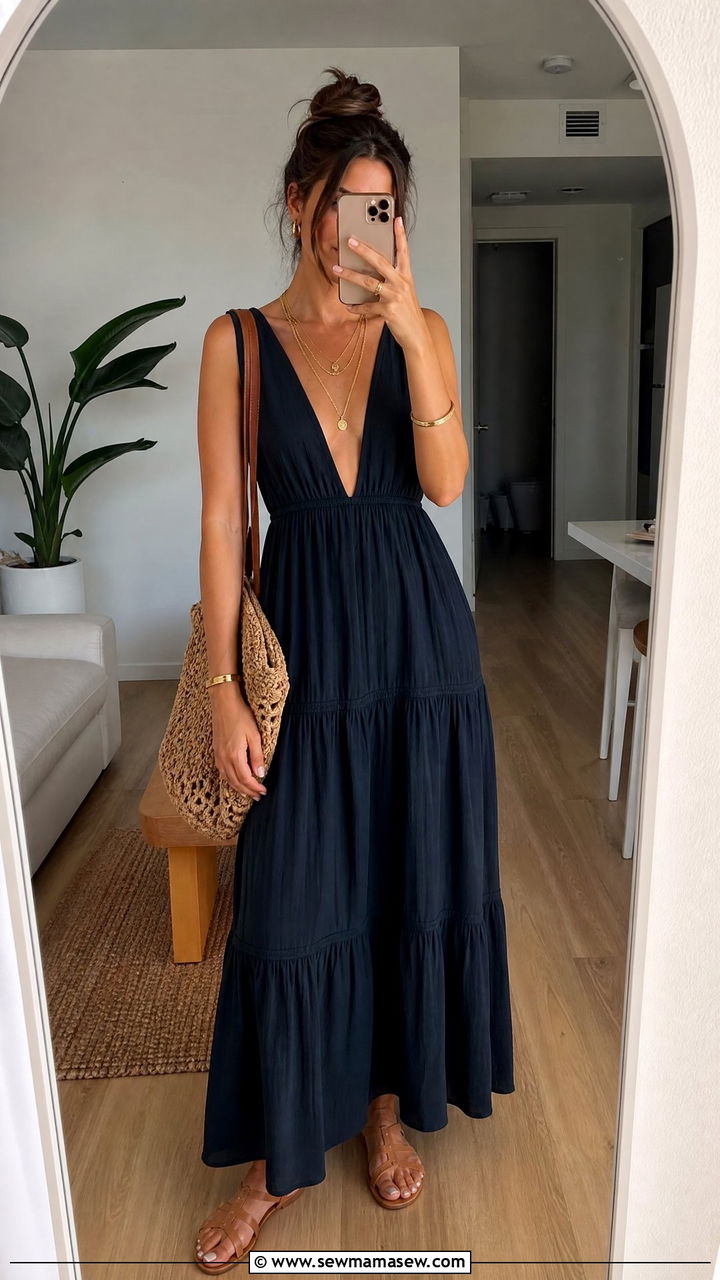 Maxi Dress with Layered Necklaces Outfit - 35 how to style maxi dress outfits