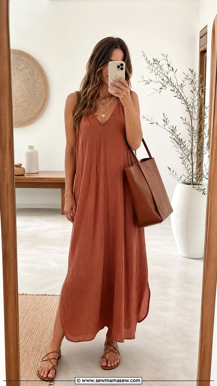 Maxi Dress with Layered Necklaces and Flat Sandals - 30 Boho capsule wardrobe
