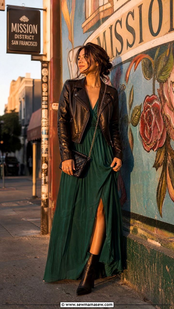 Maxi Dress with Leather Jacket - 40 What to wear in San Francisco