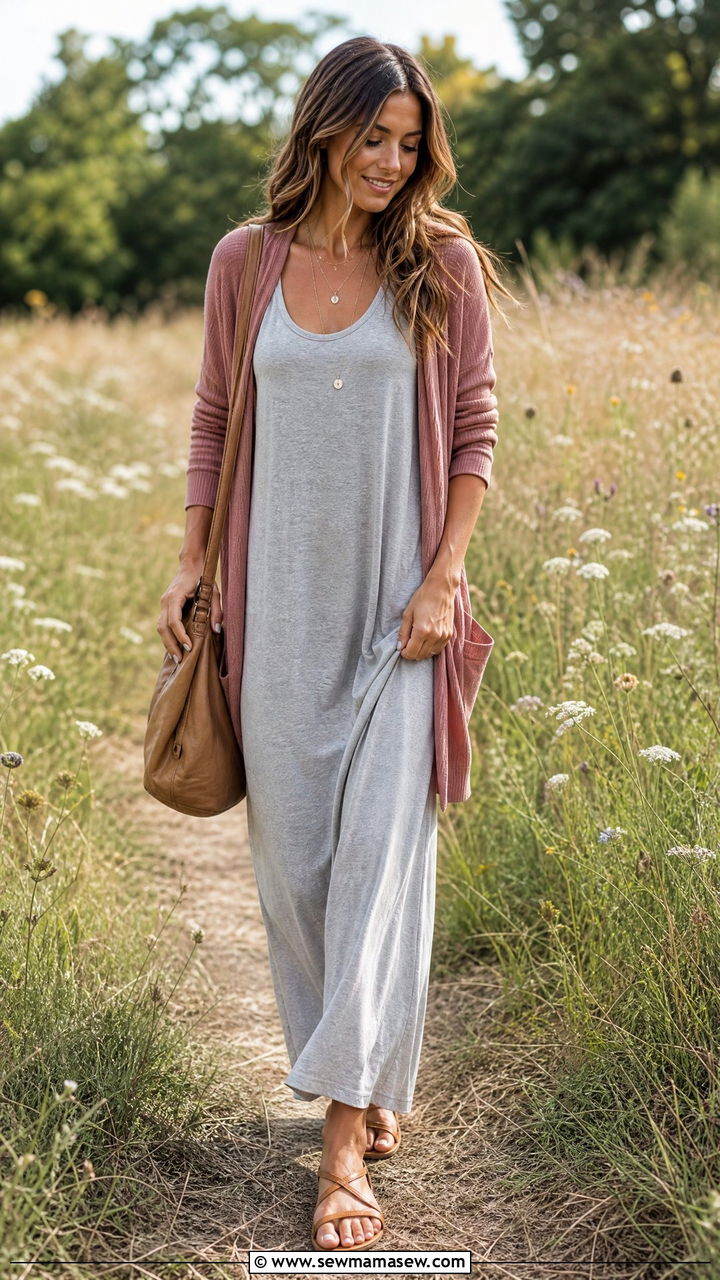 Maxi Dress with Lightweight Cardigan - 25 Late summer early fall outfits