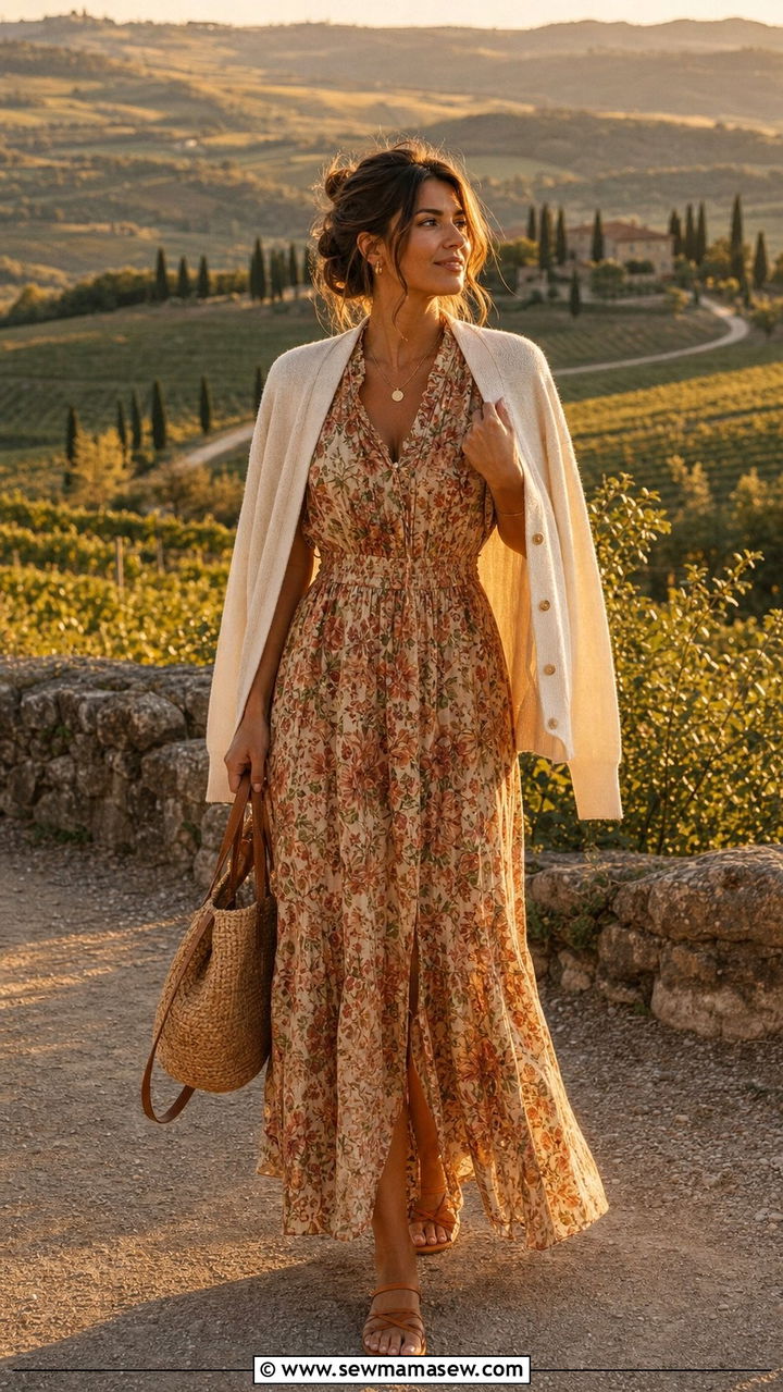 Maxi Dress with Lightweight Cardigan and Walking Sandals - 25 Europe travel outfits aesthetic