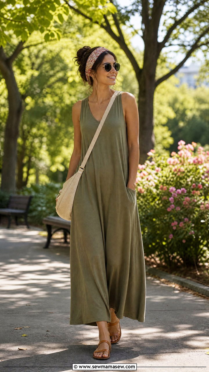 Maxi Dress with Pockets and Casual Sandals - 30 Maxi dress for vacation outfit ideas