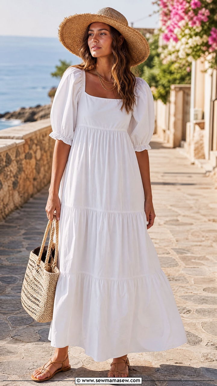 Maxi Dress with Puff Sleeves and Sandals - 25 Outfits for no waist