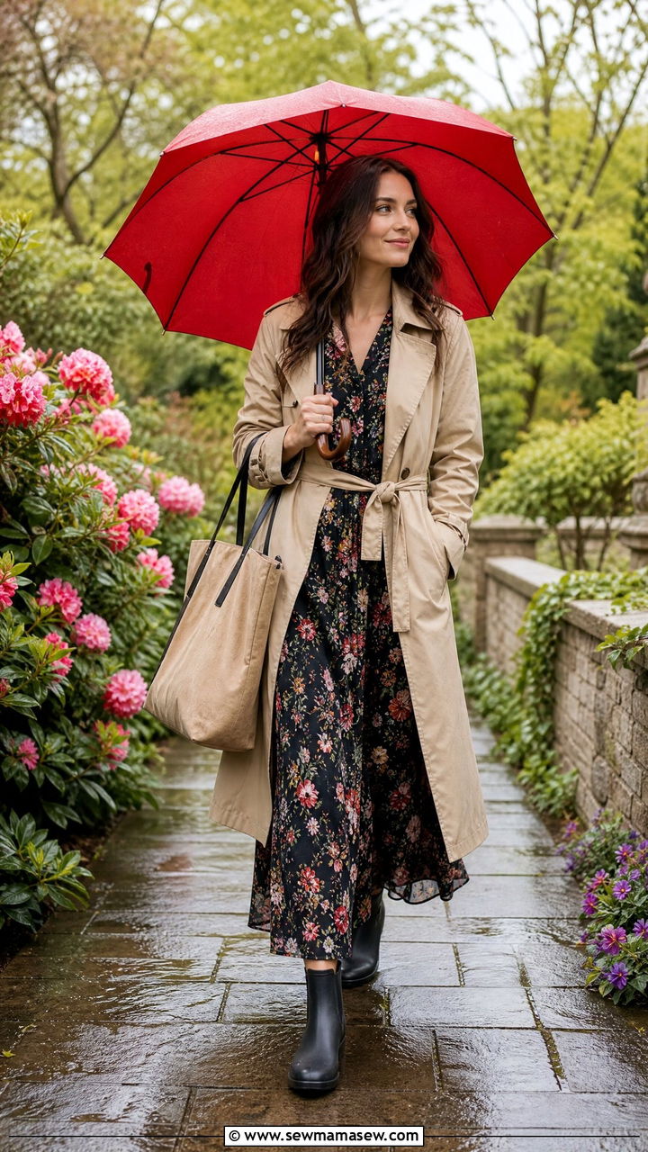 Maxi Dress with Rain Boots and Light Jacket - 30 summer rainy day outfit ideas