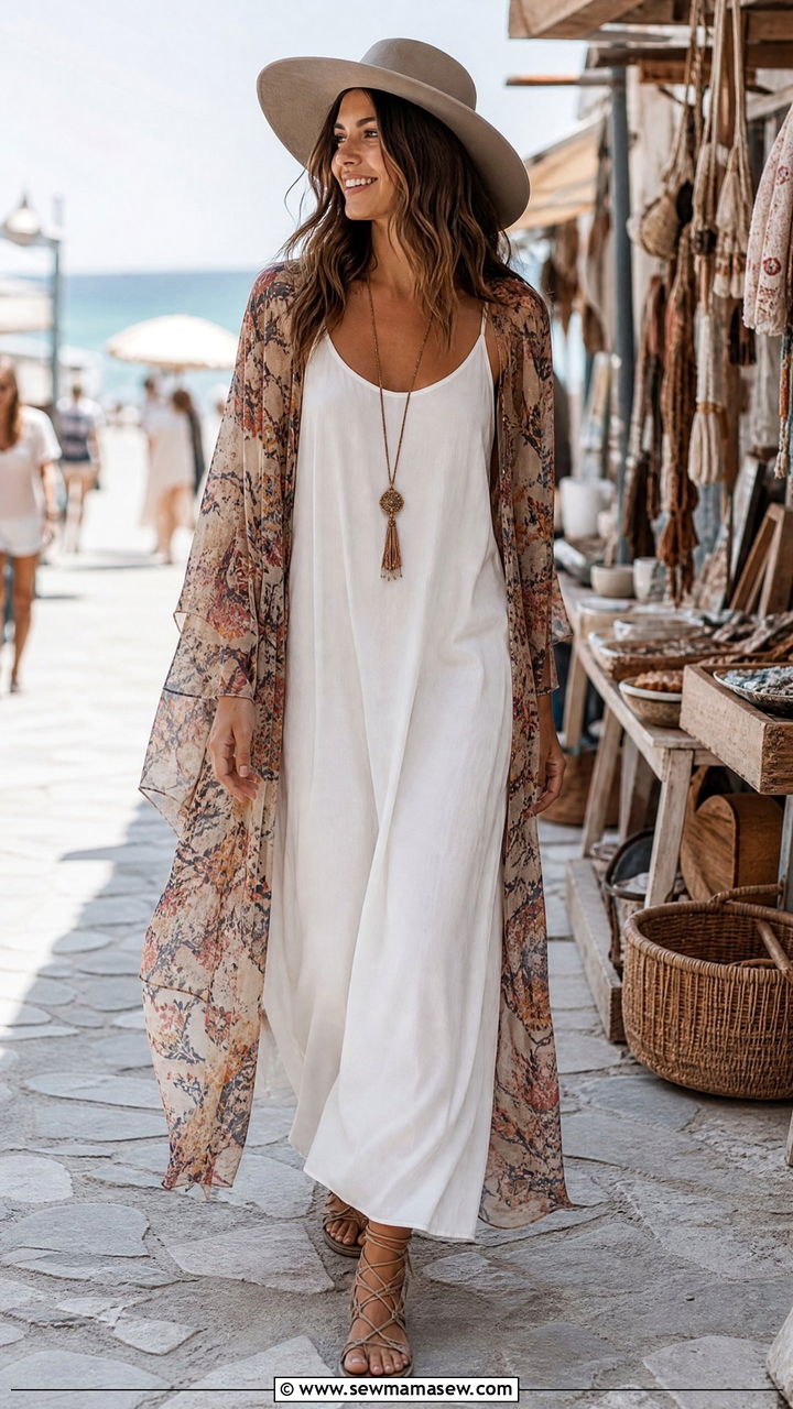 Maxi Dress with Sheer Kimono Layer - 30 Maxi dress for vacation outfit ideas