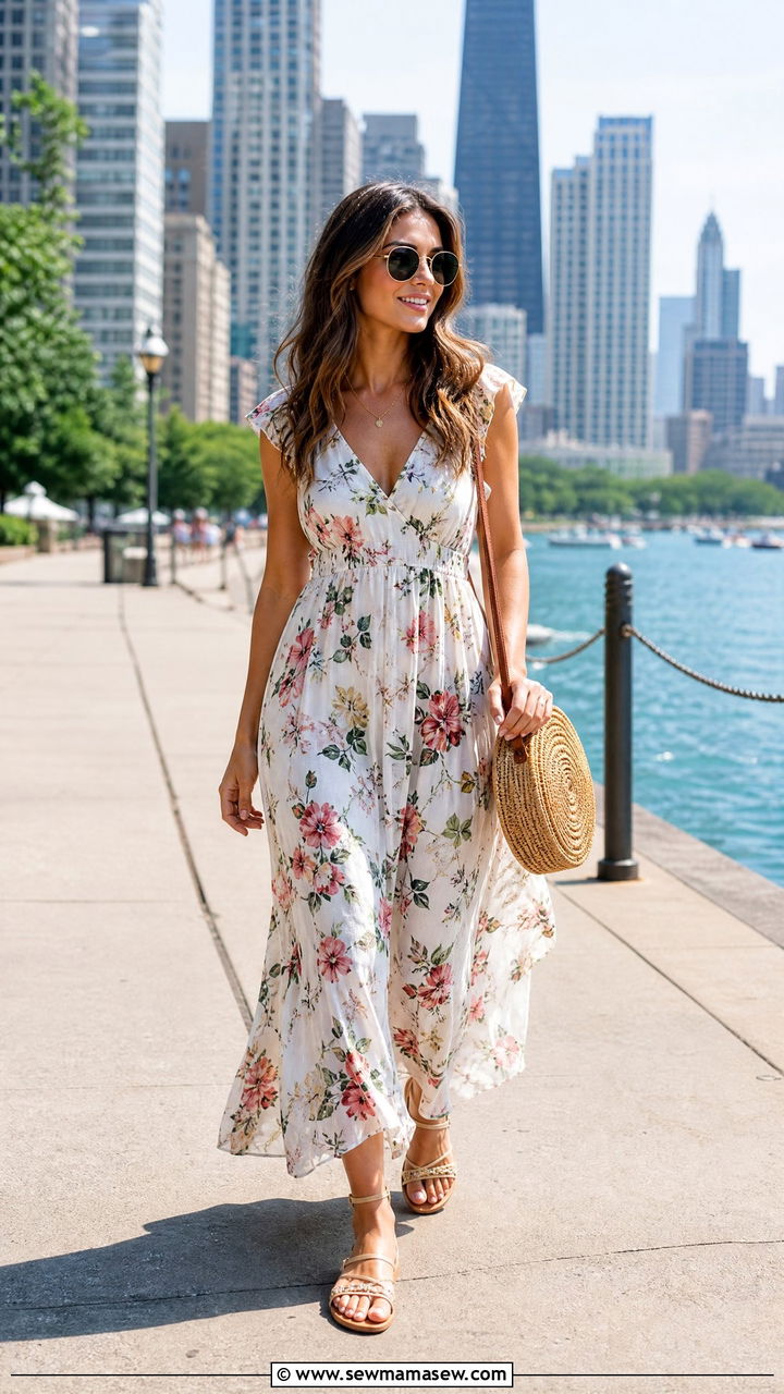 Maxi Dress with Strappy Sandals and Straw Bag - 25 Chicago brunch outfit ideas