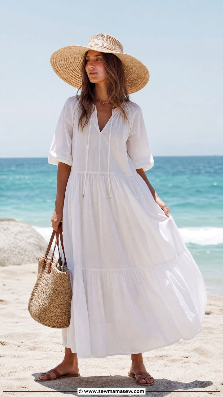 Maxi Dress with Straw Hat and Tote Outfit - 30 summer hot weather outfit ideas
