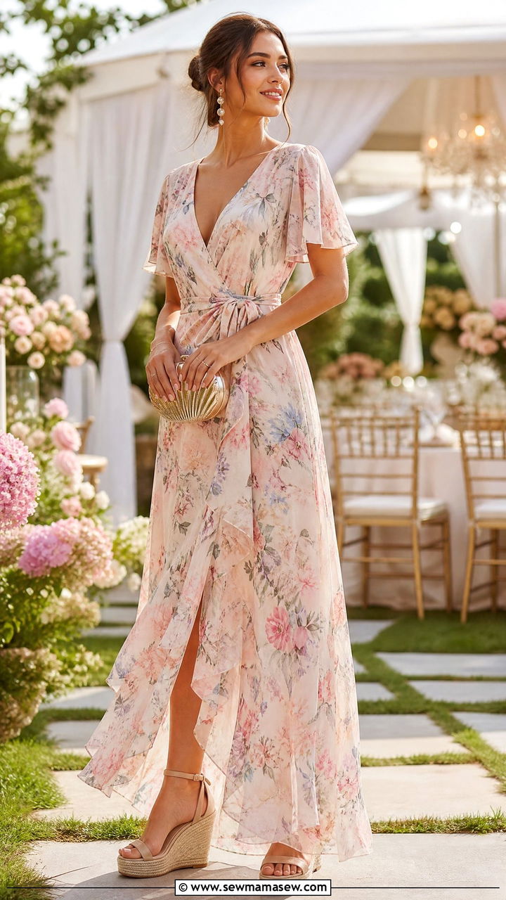 Maxi Dress with Wedges for Summer Wedding - 30 Maxi dress outfit ideas for summer