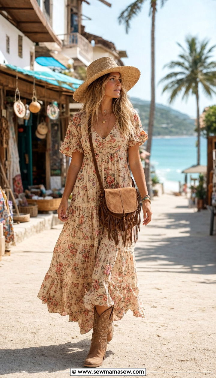 Maxi Dress with Western Boots Outfit - 25 summer boots outfit ideas