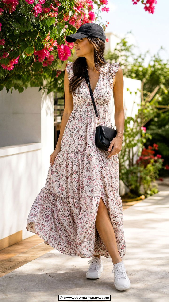 Maxi Dress with White Sneakers and Baseball Cap - 30 classy sporty chic outfit ideas