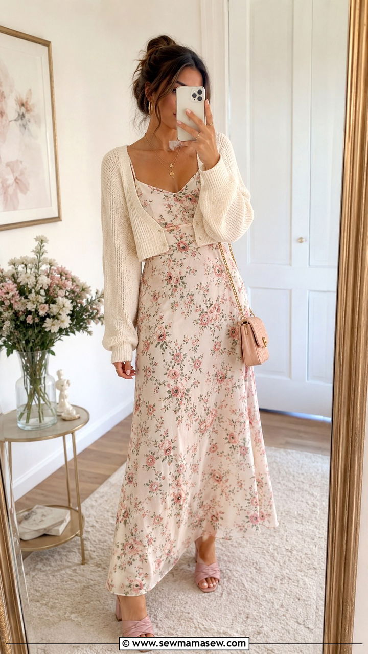 Maxi Dress with a Cropped Sweater and Mules - 30 Spring outfits with maxi dresses