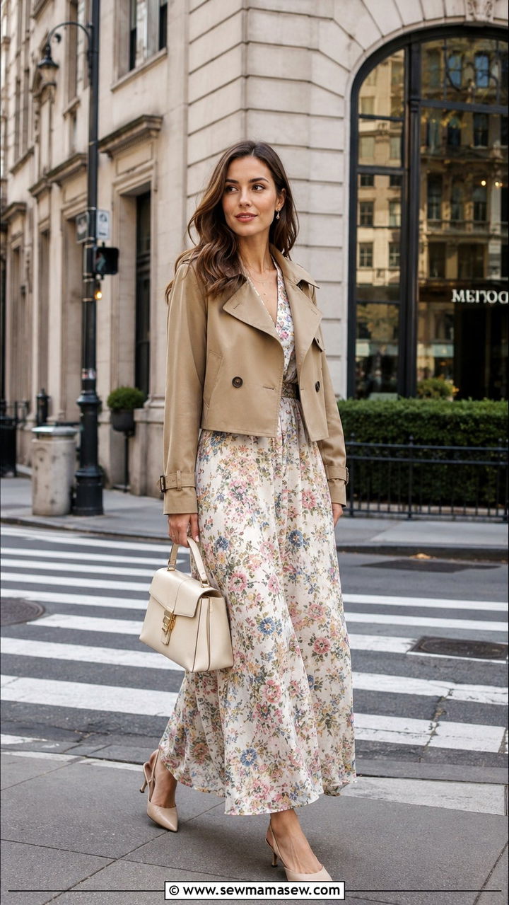 Maxi Dress with a Cropped Trench Jacket - 30 spring maxi dress outfit ideas