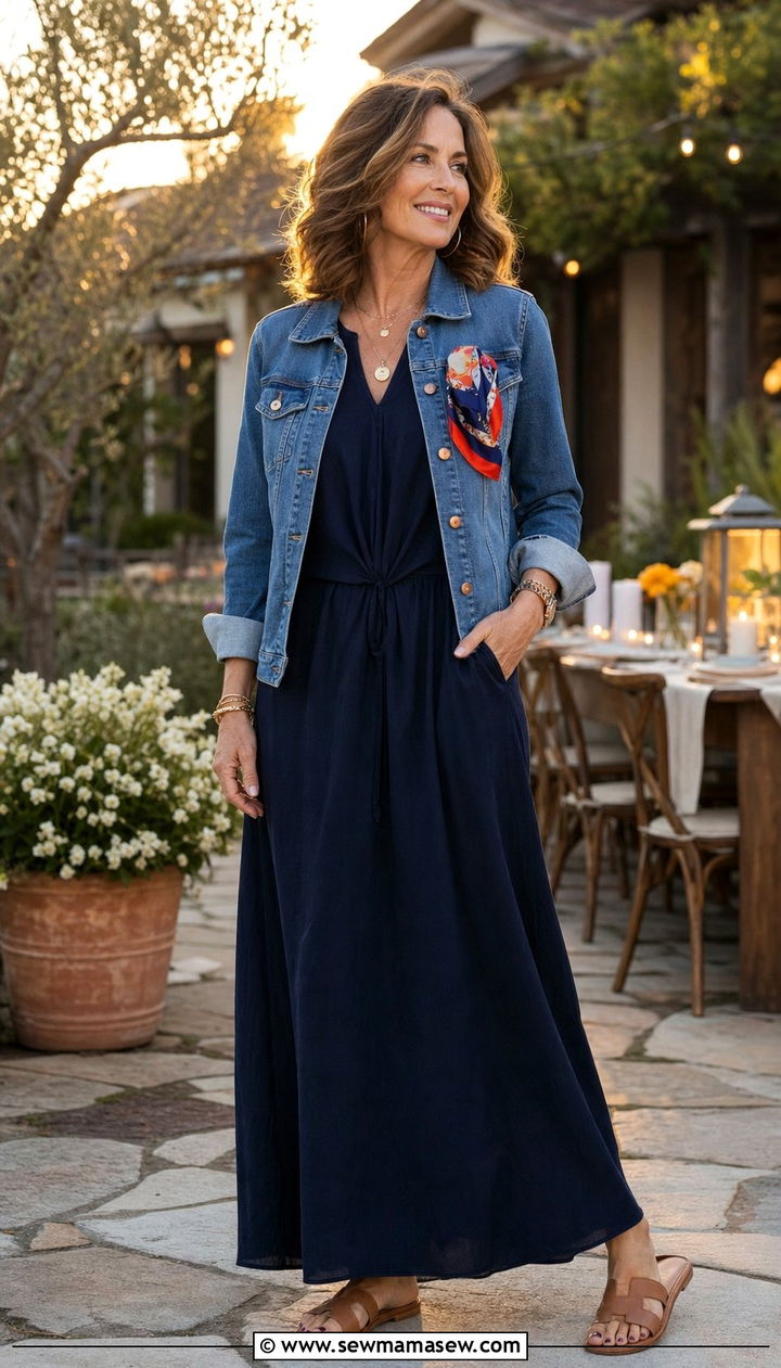 Maxi Dress with a Denim Jacket and Comfortable Sandals - 25 Family reunion outfit ideas for women over 50