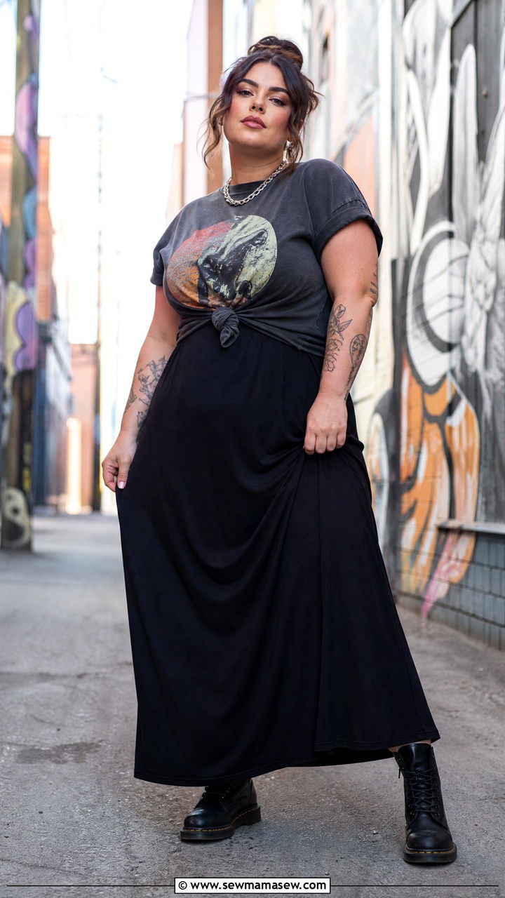 Maxi Dress with a Graphic Tee Tied Over and Combat Boots - 25 Maxi dress for plus size outfit ideas
