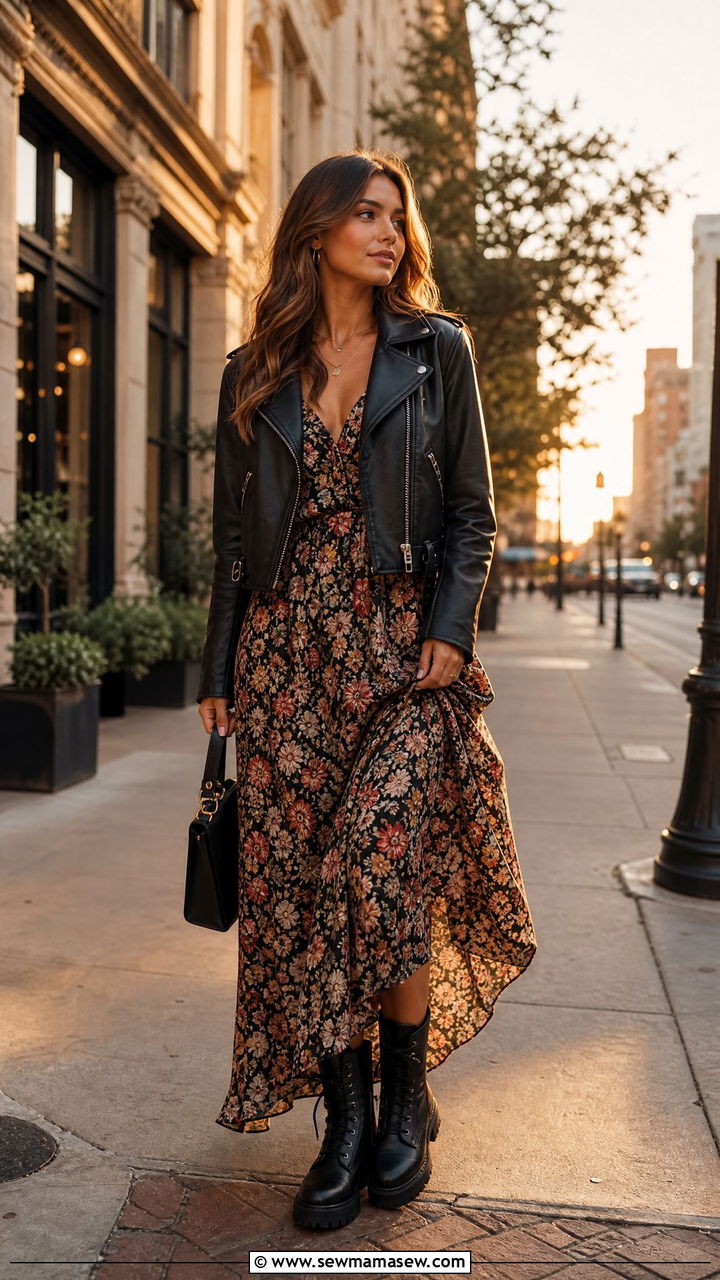 Maxi Dress with a Leather Jacket - 30 summer to fall outfit ideas