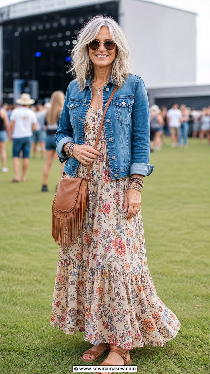 Maxi Dress with a Lightweight Denim Jacket - 30 Concert outfits for women over 50