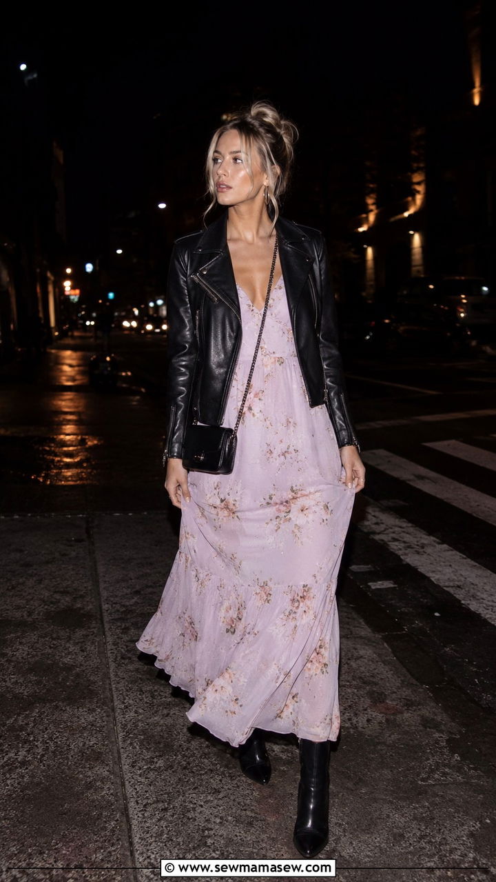 Maxi Dress with a Moto Jacket - 30 Spring outfits with maxi dresses