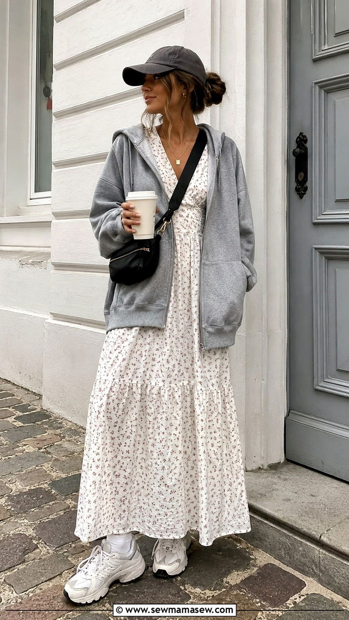 Maxi Dress with an Oversized Hoodie - 30 spring maxi dress outfit ideas