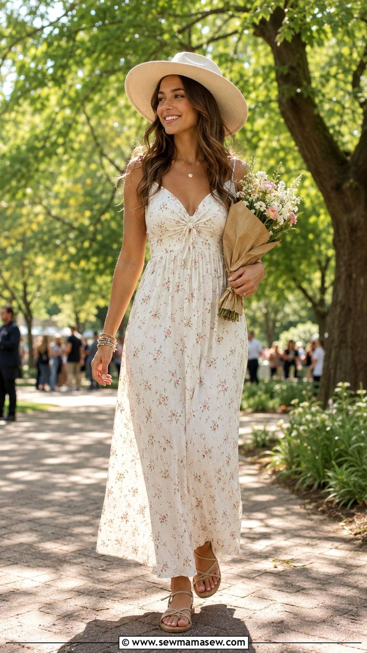 Maxi Floral Dress With Flat Sandals - 30 Graduation ceremony outfit ideas